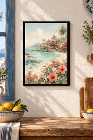 Tropik Koy ve Çiçekler Desenli Dekoratif MDF Tablo, Çerçeve Görünümlü Ahşap Poster