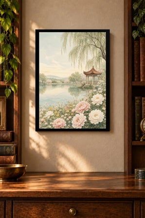 Göl Kıyısı ve Pagoda Desenli Dekoratif MDF Tablo, Çerçeve Görünümlü Ahşap Poster