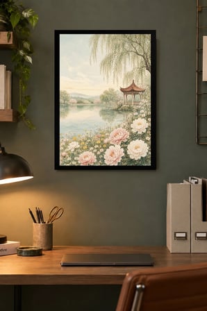 Göl Kıyısı ve Pagoda Desenli Dekoratif MDF Tablo, Çerçeve Görünümlü Ahşap Poster
