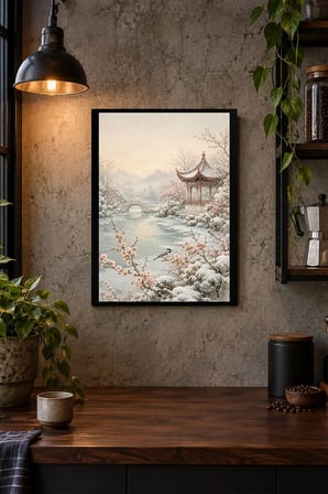 Kış Bahçesi ve Pagoda Desenli Dekoratif MDF Tablo, Çerçeve Görünümlü Ahşap Poster