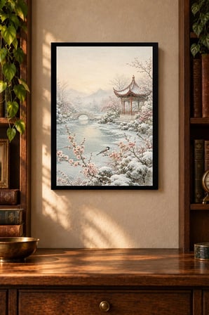 Kış Bahçesi ve Pagoda Desenli Dekoratif MDF Tablo, Çerçeve Görünümlü Ahşap Poster