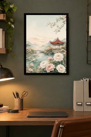 Çiçekli Pagoda Gölü Desenli Dekoratif MDF Tablo, Çerçeve Görünümlü Ahşap Poster