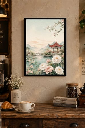 Çiçekli Pagoda Gölü Desenli Dekoratif MDF Tablo, Çerçeve Görünümlü Ahşap Poster