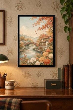 Sonbahar Bahçesi ve Pagoda Desenli Dekoratif MDF Tablo, Çerçeve Görünümlü Ahşap Poster