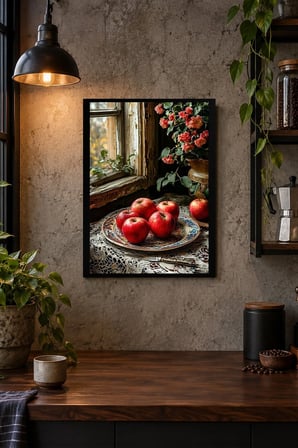 Elmalı Çiçekli Natürmort Desenli Dekoratif MDF Tablo, Çerçeve Görünümlü Ahşap Poster