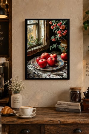Elmalı Çiçekli Natürmort Desenli Dekoratif MDF Tablo, Çerçeve Görünümlü Ahşap Poster
