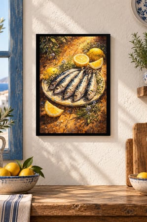 Limonlu Balık Natürmortu Desenli Dekoratif MDF Tablo, Çerçeve Görünümlü Ahşap Poster