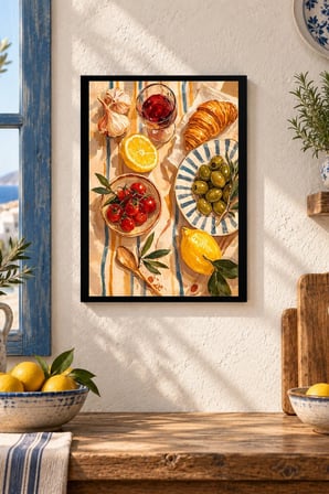Renkli Sofra Natürmortu Desenli Dekoratif MDF Tablo, Çerçeve Görünümlü Ahşap Poster
