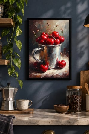 Kirazlı Kupa Natürmortu Desenli Dekoratif MDF Tablo, Çerçeve Görünümlü Ahşap Poster