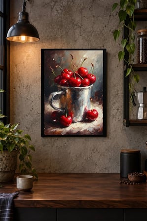 Kirazlı Kupa Natürmortu Desenli Dekoratif MDF Tablo, Çerçeve Görünümlü Ahşap Poster