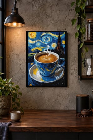 Mavi Fincan ve Kahve Desenli Dekoratif MDF Tablo, Çerçeve Görünümlü Ahşap Poster