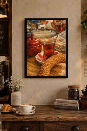 Çay ve Mısır Sofrası Desenli Dekoratif MDF Tablo, Çerçeve Görünümlü Ahşap Poster