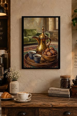 Pirinç İbrikli Çay Sofrası Desenli Dekoratif MDF Tablo, Çerçeve Görünümlü Ahşap Poster