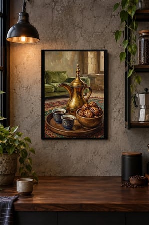 Pirinç İbrikli Çay Sofrası Desenli Dekoratif MDF Tablo, Çerçeve Görünümlü Ahşap Poster