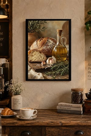 Ekmek ve Zeytinyağı Desenli Dekoratif MDF Tablo, Çerçeve Görünümlü Ahşap Poster