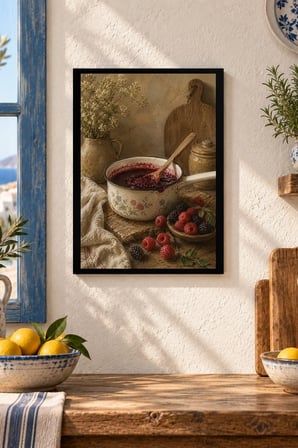 Ahududulu Kase Desenli Dekoratif MDF Tablo, Çerçeve Görünümlü Ahşap Poster