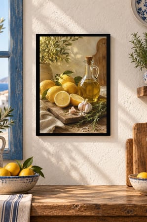 Limon ve Zeytinyağı Desenli Dekoratif MDF Tablo, Çerçeve Görünümlü Ahşap Poster