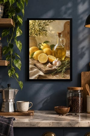 Limon ve Zeytinyağı Desenli Dekoratif MDF Tablo, Çerçeve Görünümlü Ahşap Poster