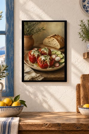 Kremalı Domates Tabağı Desenli Dekoratif MDF Tablo, Çerçeve Görünümlü Ahşap Poster