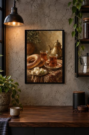 Çay ve Ekmek Sofrası Desenli Dekoratif MDF Tablo, Çerçeve Görünümlü Ahşap Poster