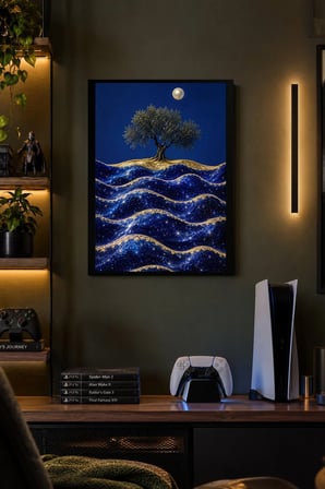 Ağaçlı Gece Dalgaları Desenli Dekoratif MDF Tablo, Çerçeve Görünümlü Ahşap Poster