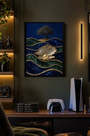 İncili Deniz Dalgaları Desenli Dekoratif MDF Tablo, Çerçeve Görünümlü Ahşap Poster