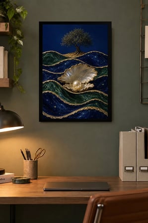 İncili Deniz Dalgaları Desenli Dekoratif MDF Tablo, Çerçeve Görünümlü Ahşap Poster