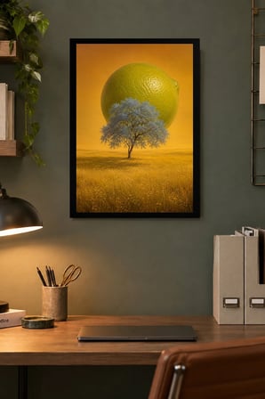 Altın Küre ve Ağaç Desenli Dekoratif MDF Tablo, Çerçeve Görünümlü Ahşap Poster
