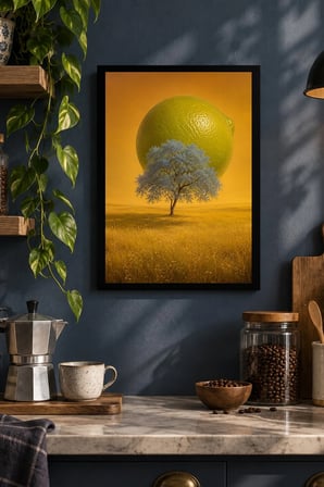 Altın Küre ve Ağaç Desenli Dekoratif MDF Tablo, Çerçeve Görünümlü Ahşap Poster