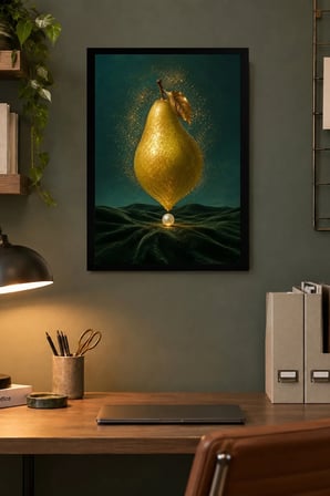 Altın Armut ve Dalga Desenli Dekoratif MDF Tablo, Çerçeve Görünümlü Ahşap Poster