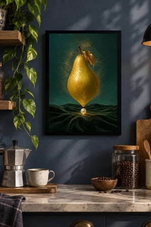 Altın Armut ve Dalga Desenli Dekoratif MDF Tablo, Çerçeve Görünümlü Ahşap Poster