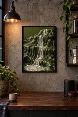 Yeşil Şelale Desenli Dekoratif MDF Tablo, Çerçeve Görünümlü Ahşap Poster