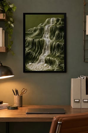 Yeşil Şelale Desenli Dekoratif MDF Tablo, Çerçeve Görünümlü Ahşap Poster