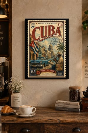 Vintage Şehir ve Pul İllüstrasyonu Desenli Dekoratif MDF Tablo, Çerçeve Görünümlü Ahşap Poster