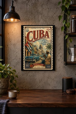 Vintage Şehir ve Pul İllüstrasyonu Desenli Dekoratif MDF Tablo, Çerçeve Görünümlü Ahşap Poster