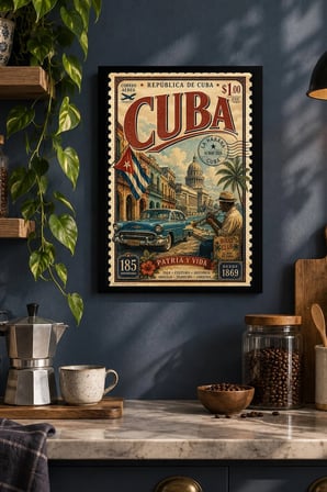 Vintage Şehir ve Pul İllüstrasyonu Desenli Dekoratif MDF Tablo, Çerçeve Görünümlü Ahşap Poster