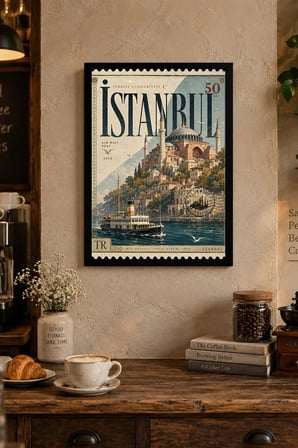 Tarihi Şehir ve Vapur İllüstrasyonu Desenli Dekoratif MDF Tablo, Çerçeve Görünümlü Ahşap Poster