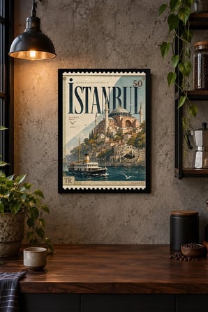 Tarihi Şehir ve Vapur İllüstrasyonu Desenli Dekoratif MDF Tablo, Çerçeve Görünümlü Ahşap Poster