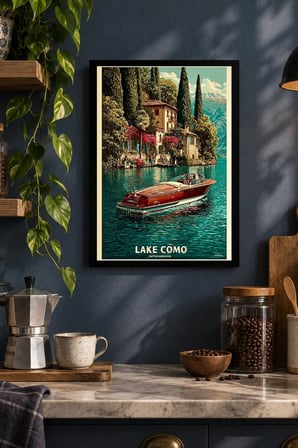 Göl ve Tekne Vintage İllüstrasyonu Desenli Dekoratif MDF Tablo, Çerçeve Görünümlü Ahşap Poster