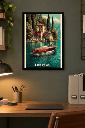 Göl ve Tekne Vintage İllüstrasyonu Desenli Dekoratif MDF Tablo, Çerçeve Görünümlü Ahşap Poster