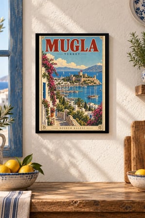 Göl Kıyısı Vintage İllüstrasyonu Desenli Dekoratif MDF Tablo, Çerçeve Görünümlü Ahşap Poster