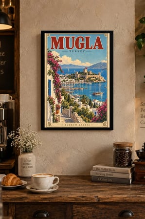 Göl Kıyısı Vintage İllüstrasyonu Desenli Dekoratif MDF Tablo, Çerçeve Görünümlü Ahşap Poster