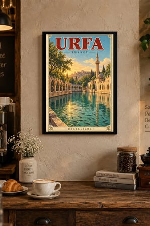 Avlu ve Havuz Vintage İllüstrasyonu Desenli Dekoratif MDF Tablo, Çerçeve Görünümlü Ahşap Poster