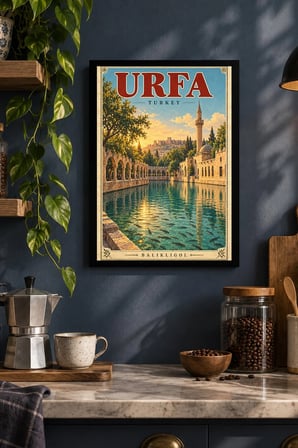 Avlu ve Havuz Vintage İllüstrasyonu Desenli Dekoratif MDF Tablo, Çerçeve Görünümlü Ahşap Poster