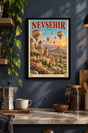 Balonlu Vadi Vintage İllüstrasyonu Desenli Dekoratif MDF Tablo, Çerçeve Görünümlü Ahşap Poster