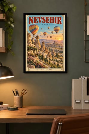 Balonlu Vadi Vintage İllüstrasyonu Desenli Dekoratif MDF Tablo, Çerçeve Görünümlü Ahşap Poster