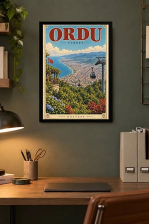 Kıyı Körfezi ve Teleferik İllüstrasyonu Desenli Dekoratif MDF Tablo, Çerçeve Görünümlü Ahşap Poster