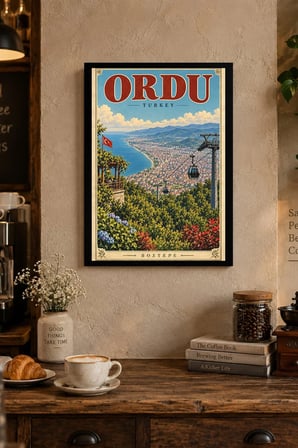 Kıyı Körfezi ve Teleferik İllüstrasyonu Desenli Dekoratif MDF Tablo, Çerçeve Görünümlü Ahşap Poster