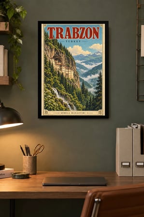 Dağ Manzaralı Şelale İllüstrasyonu Desenli Dekoratif MDF Tablo, Çerçeve Görünümlü Ahşap Poster