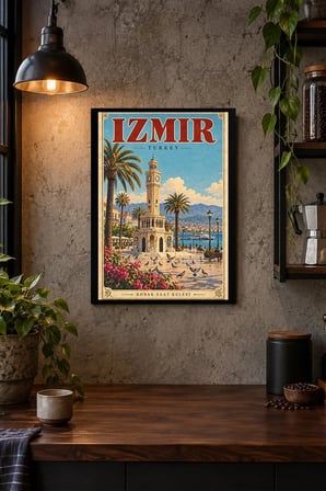 Palmiye ve Kuleli Kıyı İllüstrasyonu Desenli Dekoratif MDF Tablo, Çerçeve Görünümlü Ahşap Poster
